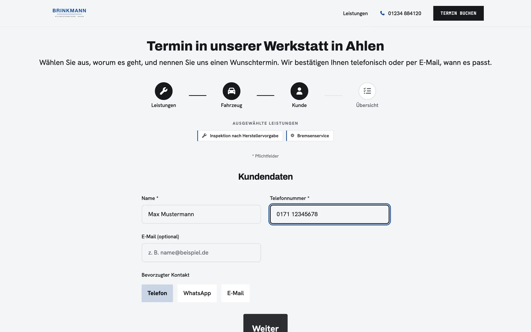 Kundendaten in der Terminanfrage