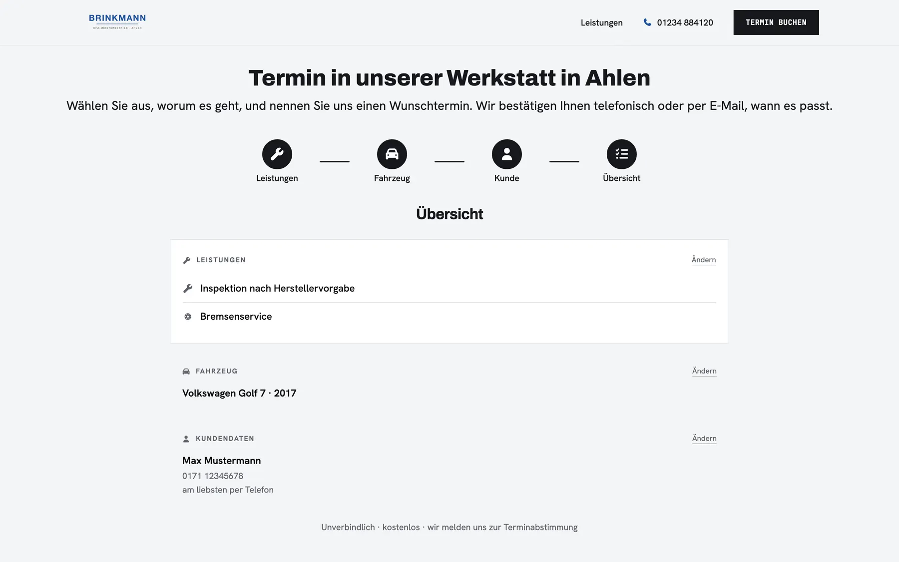 Übersicht vor dem Absenden der Anfrage