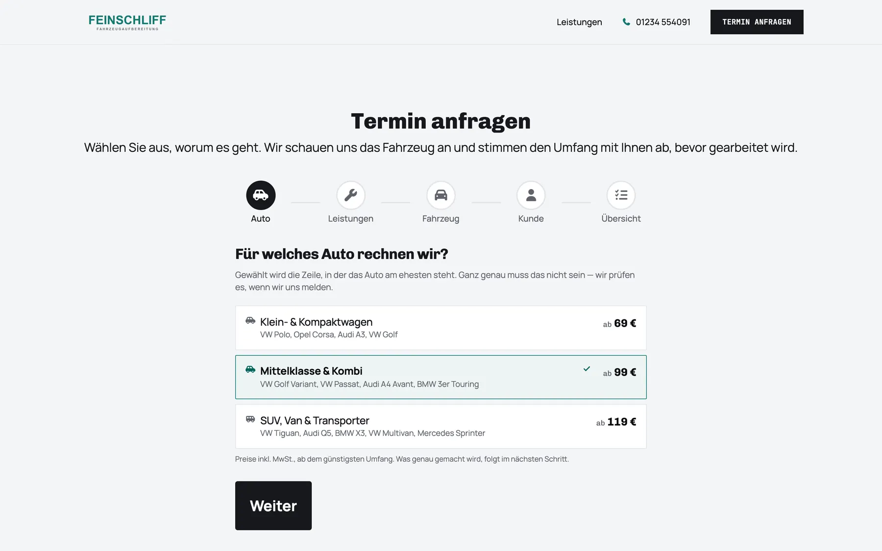 Auswahl der Fahrzeugklasse mit Ab-Preisen