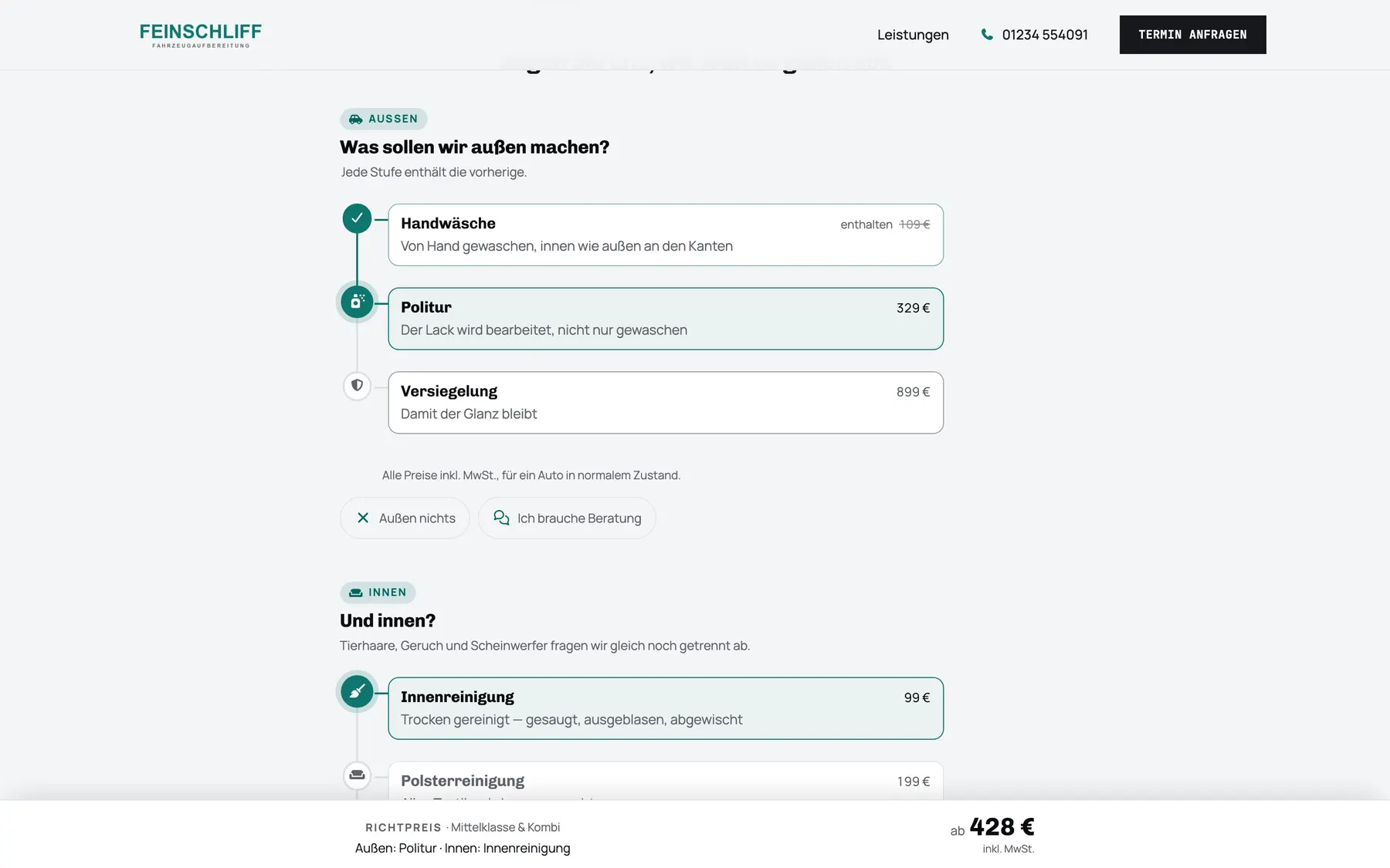 Anfrage einer Fahrzeugaufbereitung: Stufen außen und innen mit Preisen und Richtpreis