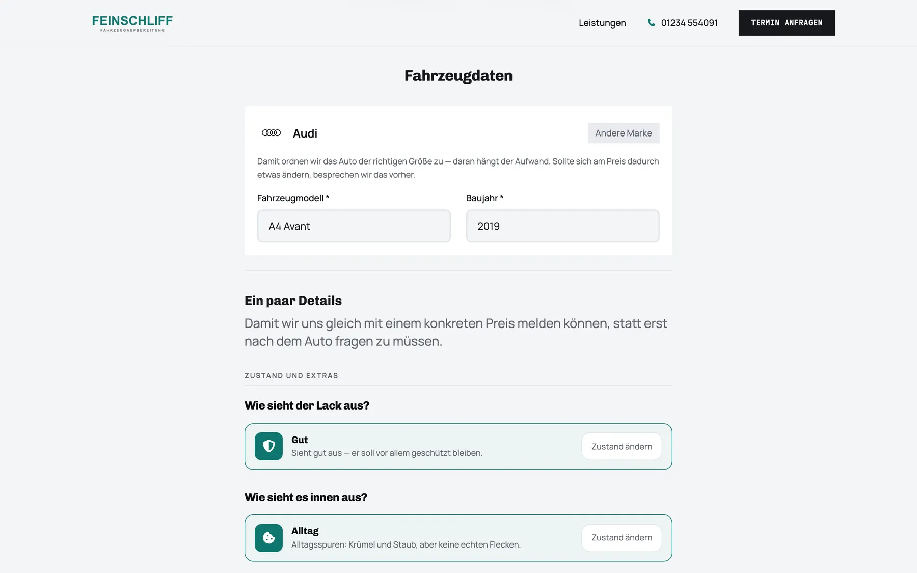 Fahrzeug und Zustand in der Anfrage
