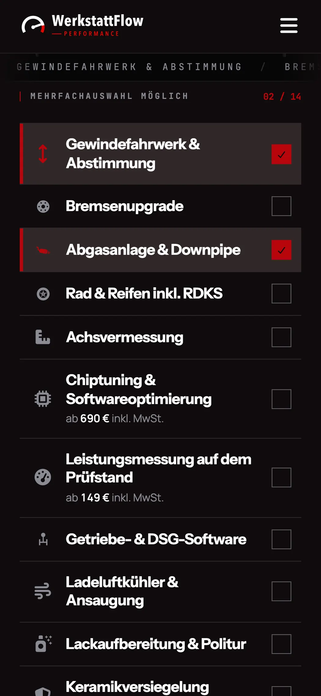 Terminanfrage auf dem Handy: Der Kunde wählt die Leistungen aus